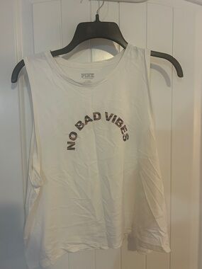PINK Victoria's Secret White Crop Tank with 'No Bad Vibes' Graphic Size M